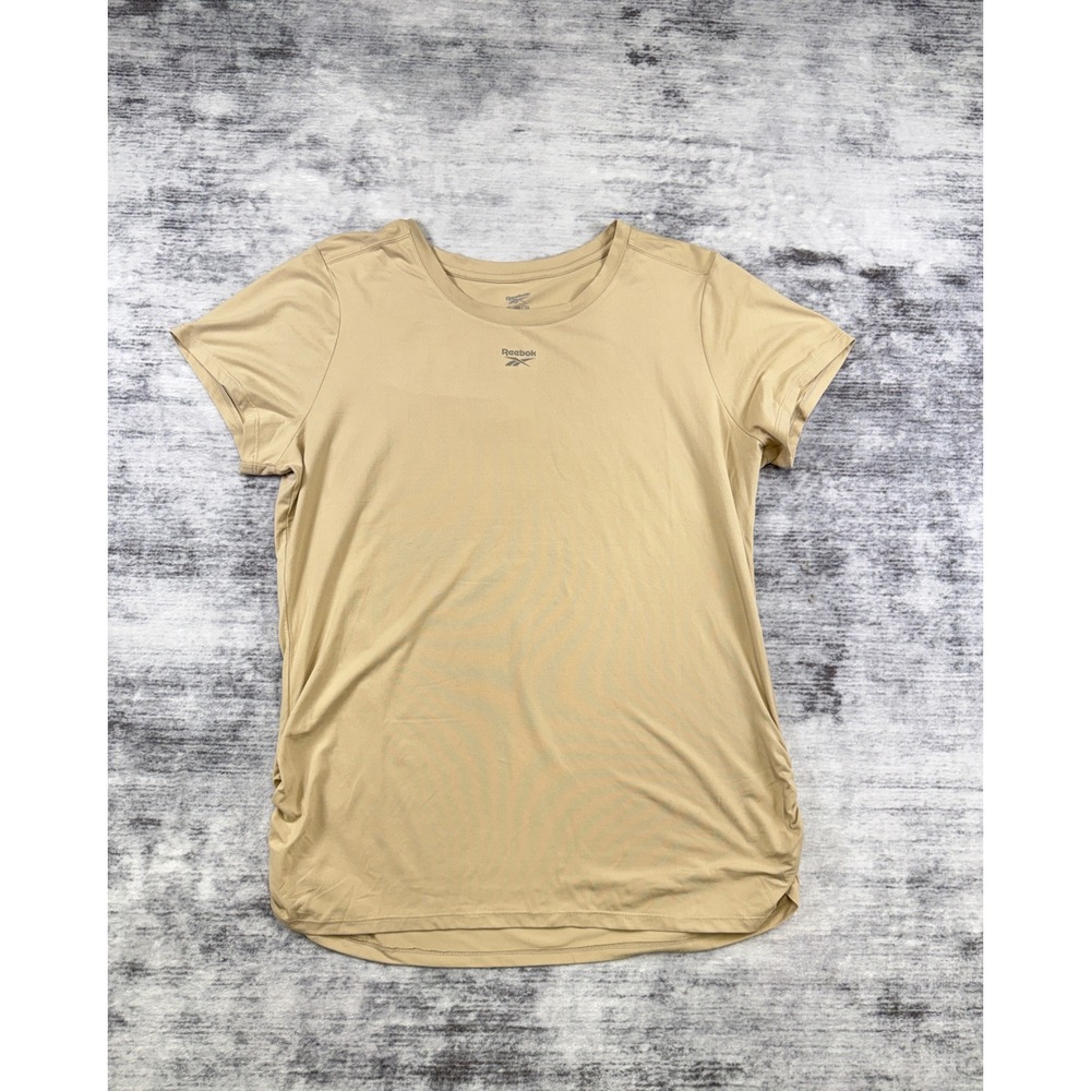 Reebok Womens XL Tan Short Sleeve Ruched Side Activewear T-Shirt Logo Crew Neck